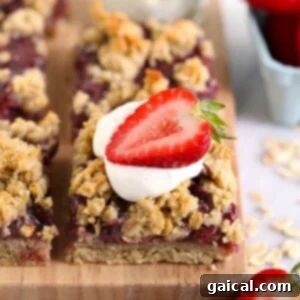 Fresh Strawberry Oat Crumble Bars 2 A charming strawberry oatmeal bar, perfectly topped with creamy whipped cream and a fresh strawberry, showcasing its homemade goodness.