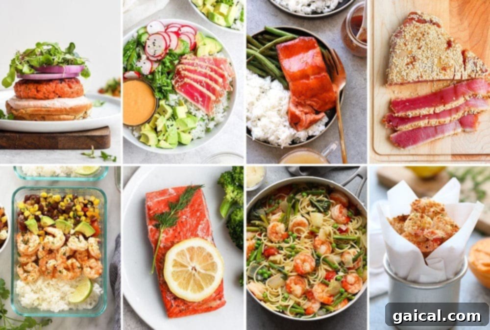 Seafood lovers! You don't need to go out for an expensive meal to enjoy a delicious and healthy fish or seafood dinner. From Salmon burgers to tuna poke bowls to shrimp kebabs, dinner's covered here! A captivating selection of healthy seafood dinner ideas, including grilled salmon, shrimp, and tuna dishes.