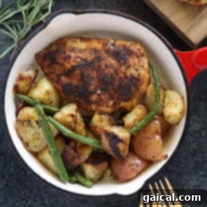 Healthy dinner idea: roasted chicken with potatoes and green beans in a skillet.