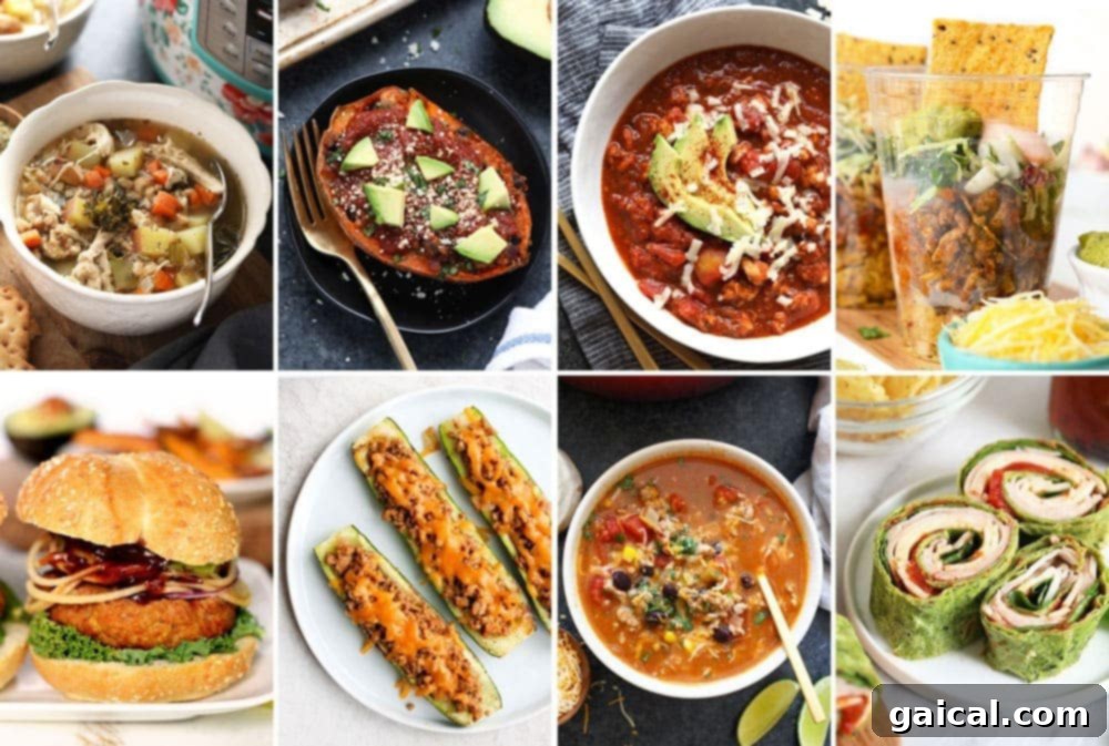 Turkey dinners are not just for Thanksgiving! From tacos to soups to burgers and more, enjoy these easy and healthy dinners with turkey all year long! A selection of healthy turkey dinner ideas, showcasing various dishes like chili and bowls.