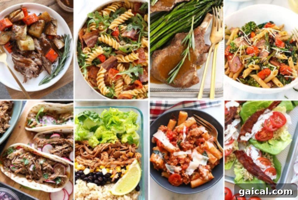 As one of the most versatile meat proteins, the options for healthy dinners with pork never end! From bacon to pork roasts to pork chops and pulled pork, dinner is served with these healthy recipes. An array of healthy dinner ideas featuring pork, from roasts to stir-fries and pasta dishes.