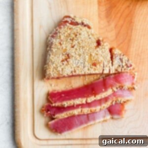 Seared ahi tuna on a cutting board