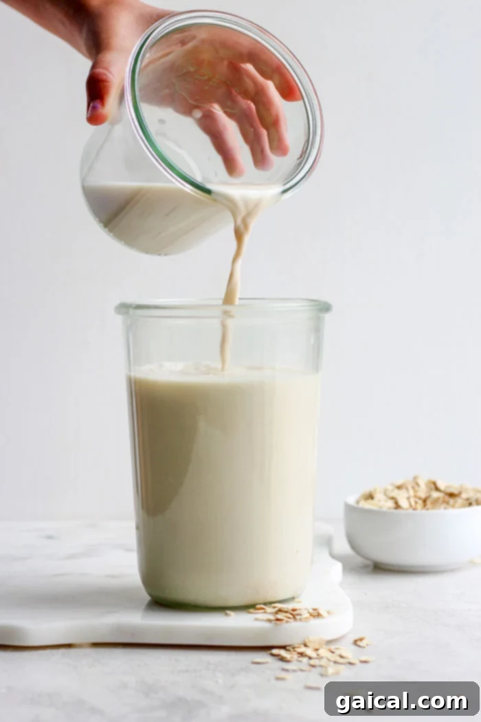 Delicious Homemade Oat Milk Pouring homemade oat milk into a tall glass, showcasing its creamy, white texture, perfect for a plant-based beverage.