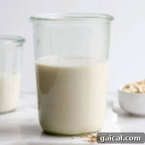 A glass of freshly made homemade oat milk next to a pitcher, ready to serve and enjoy.