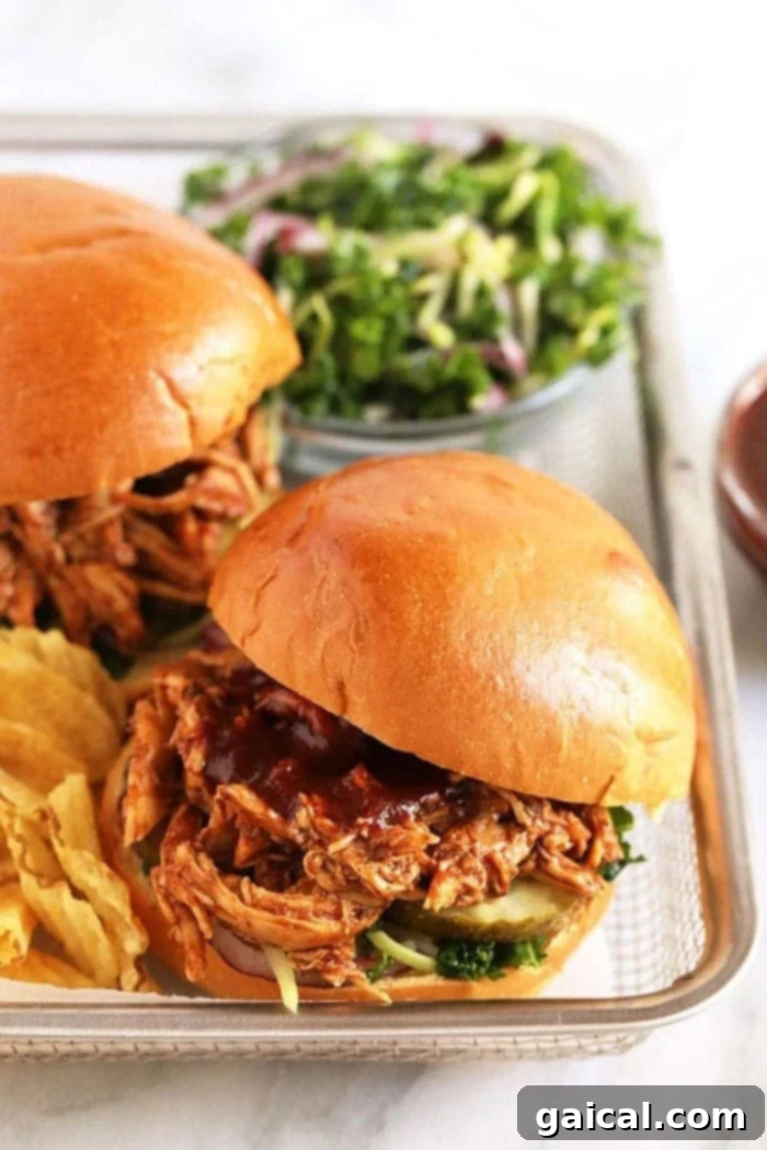 Irresistible Slow Cooker BBQ Pulled Chicken: The ultimate easy recipe for any occasion. Delicious BBQ pulled chicken served on a soft bun with a side of crispy potato chips, illustrating a perfect casual meal.