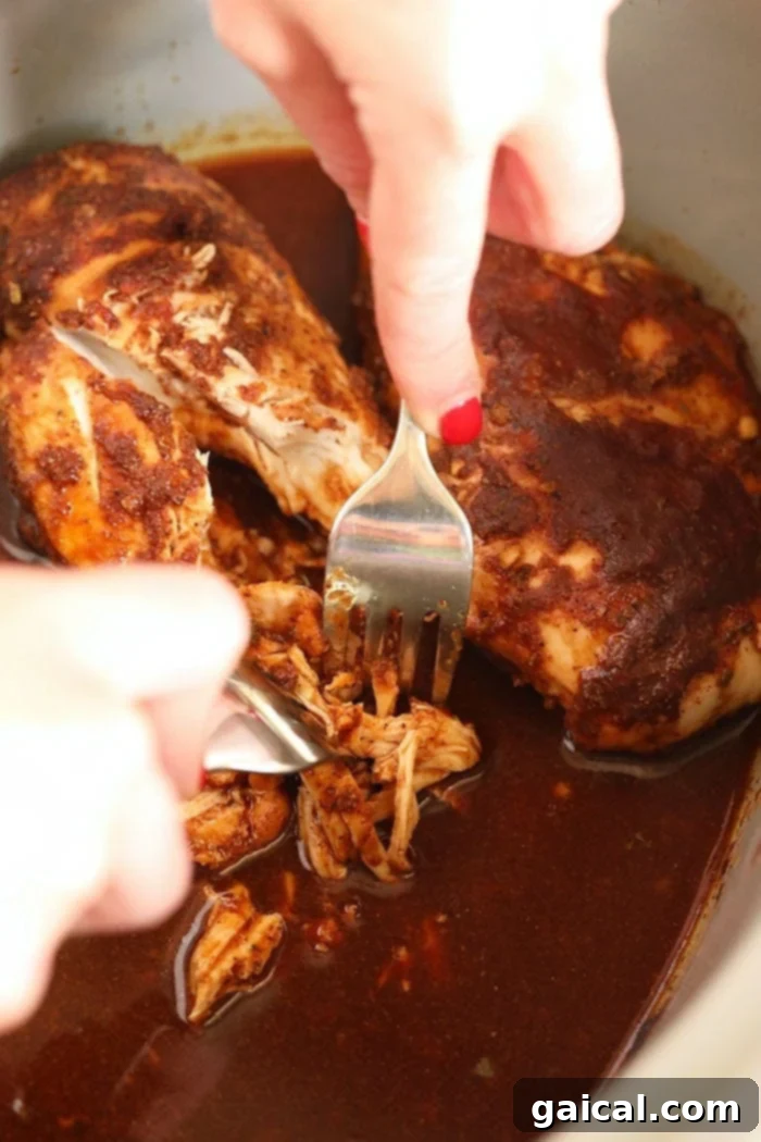 Easily shredding BBQ chicken in the crock pot for maximum tenderness and flavor. Shredding tender BBQ chicken directly in the slow cooker using two forks, submerged in its delicious cooking liquid.