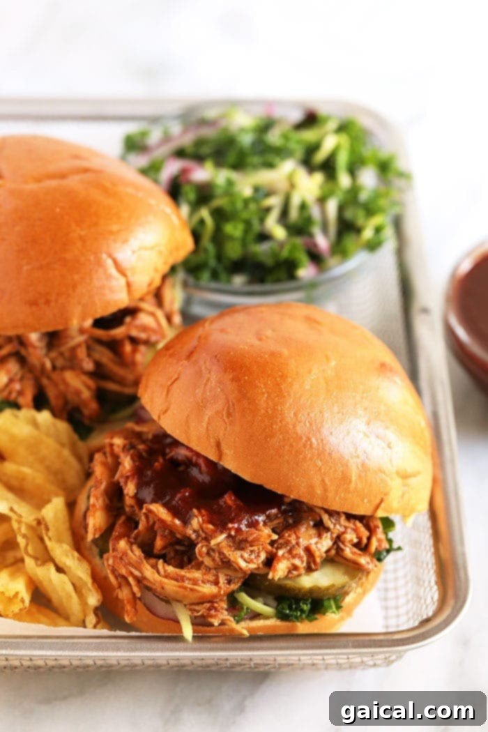 Classic BBQ Pulled Chicken Sandwich: A delicious and easy meal idea. A classic BBQ pulled chicken sandwich served on a bun, accompanied by a side of crispy potato chips, presented as a satisfying meal.