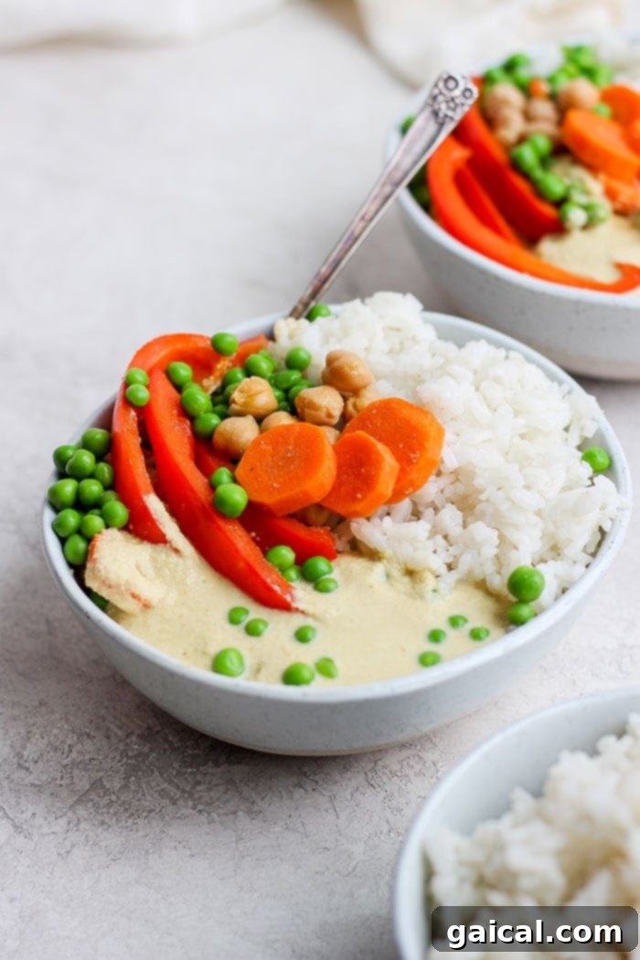 A vibrant bowl of creamy cashew curry, garnished with fresh herbs and served over rice.