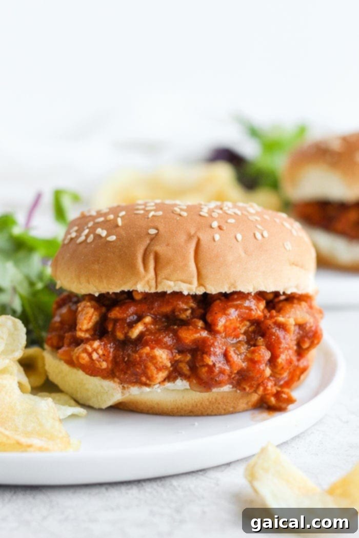 healthy sloppy joe on a bun, showing a close-up of the flavorful filling