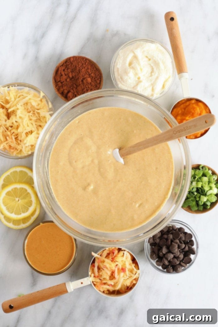 Pancake batter prepared in a bowl with various fresh, healthy ingredients surrounding it, ready for mixing.