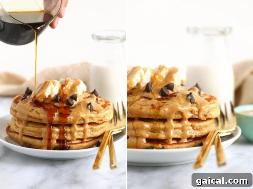 Delicious Peanut Butter Pancakes garnished with fresh banana slices and a drizzle of syrup.
