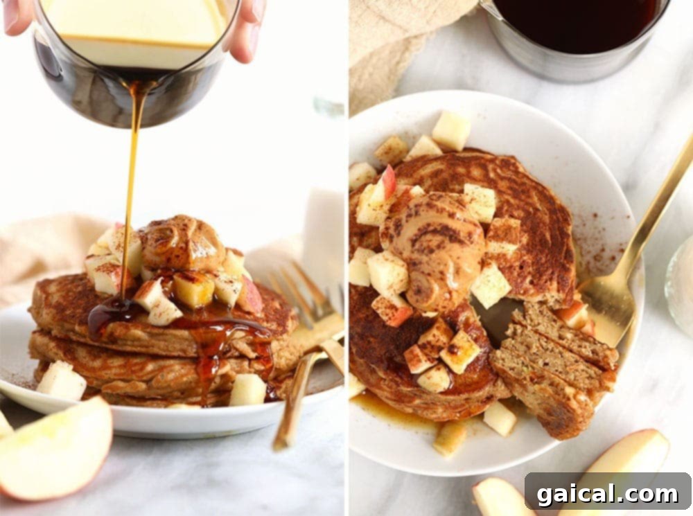 Warm Cinnamon Apple Pancakes beautifully topped with fresh apple slices and a dusting of cinnamon.