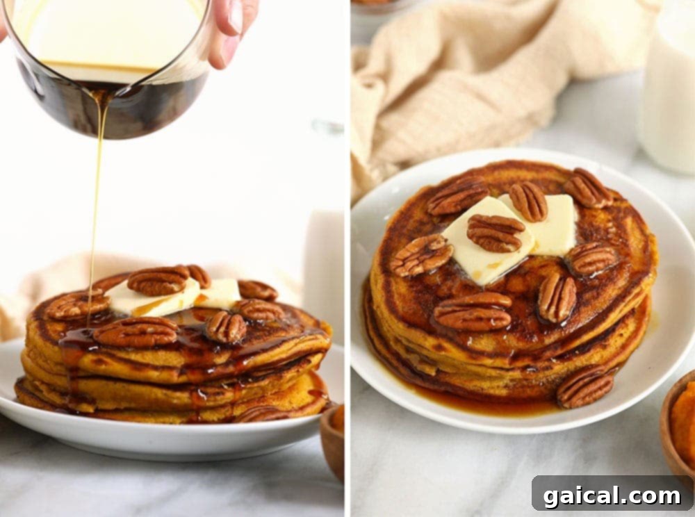 A stacked tower of golden Pumpkin Pancakes, elegantly drizzled with maple syrup and garnished with pecans.