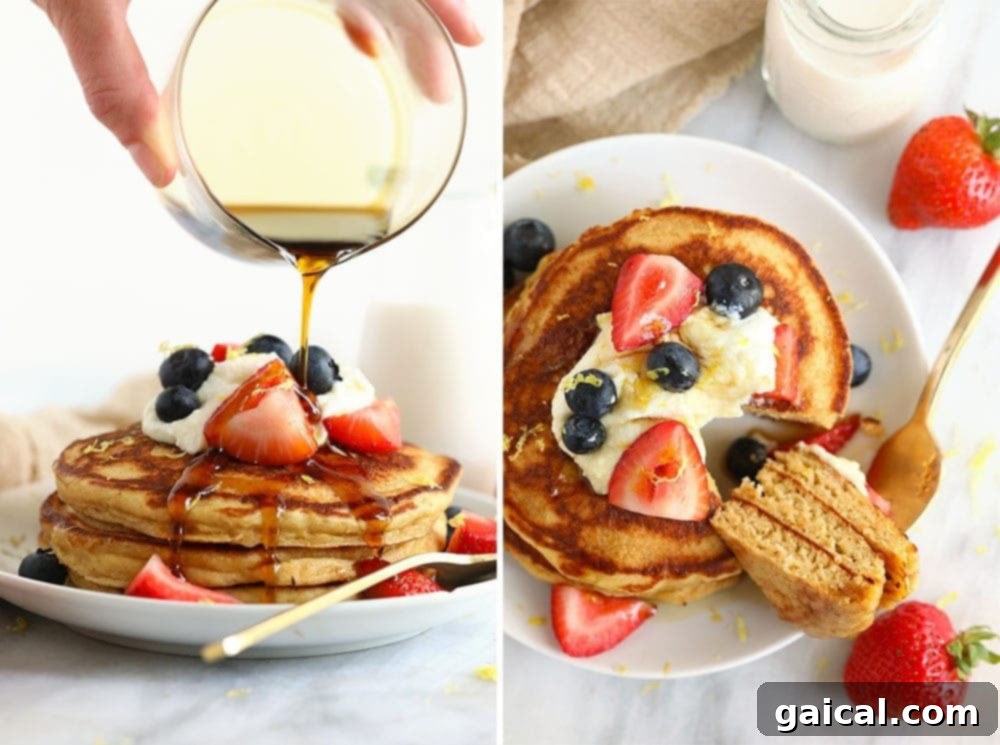Elegant Lemon Ricotta Pancakes topped with fresh berries and a dusting of powdered sugar.