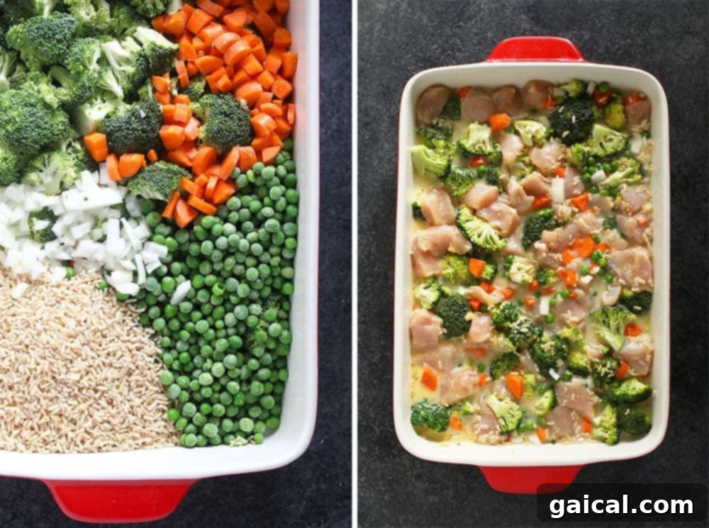 Chicken and Rice Casserole is the epitome of a casserole. It's got all 4 parts: veggies, rice, chicken breasts, and a cheesy sauce to bind everything together. It doesn't really get much better or easier to make. Prepping chicken casserole in a ceramic pan