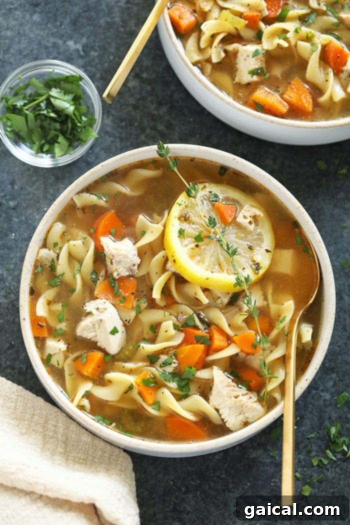 Two bowls of homemade chicken noodle soup garnished with fresh parsley.
