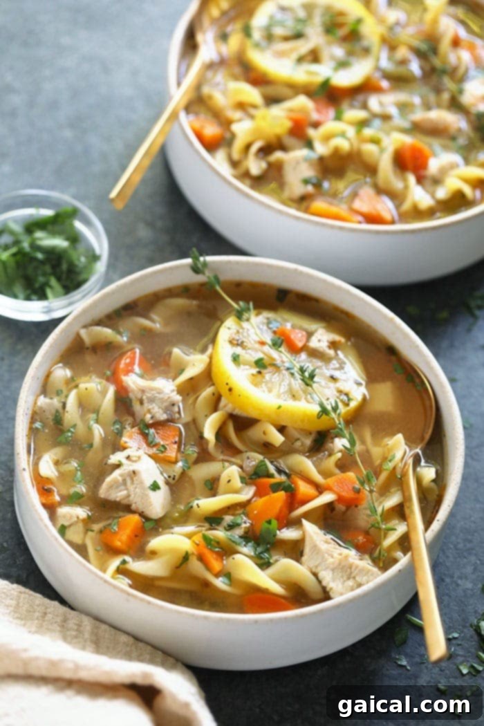 A close-up shot of a bowl of homemade chicken noodle soup with shredded chicken, noodles, and vegetables.