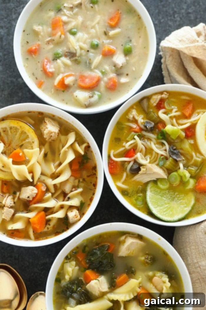 Four diverse bowls of chicken noodle soup, showcasing different noodle and garnish variations.