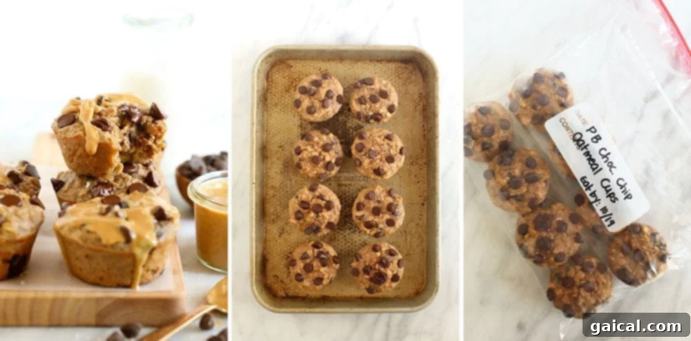 Freezer-friendly Peanut Butter Chocolate Chip Oatmeal Cups: A healthy and delicious make-ahead breakfast. Peanut butter chocolate chip baked oatmeal cups on a baking sheet, ready for freezing.