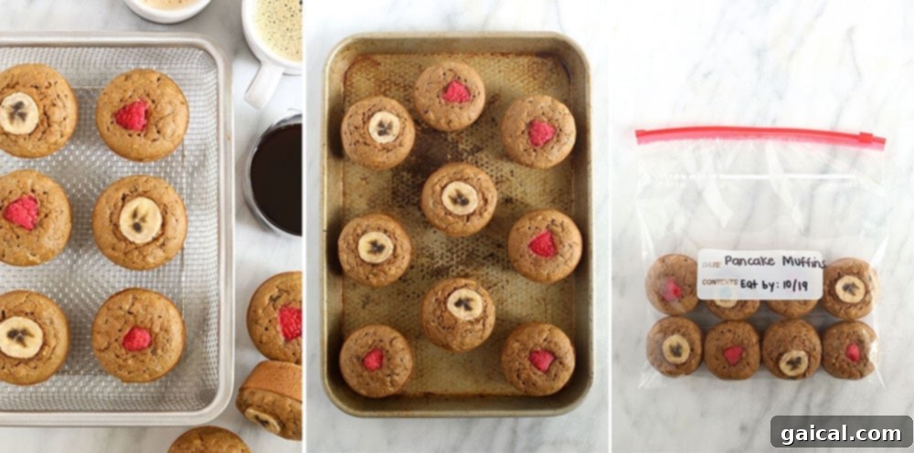 Freezer-friendly Banana Pancake Muffins: A healthy and convenient make-ahead breakfast. Delicious banana pancake muffins on a cooling rack, ready to be frozen for quick breakfasts.