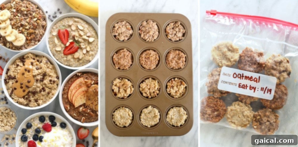 Freezer oatmeal in muffin tins: Quick, healthy, and convenient make-ahead breakfast. Frozen steel cut oatmeal portions in a muffin tin, ready to be stored for quick breakfasts.