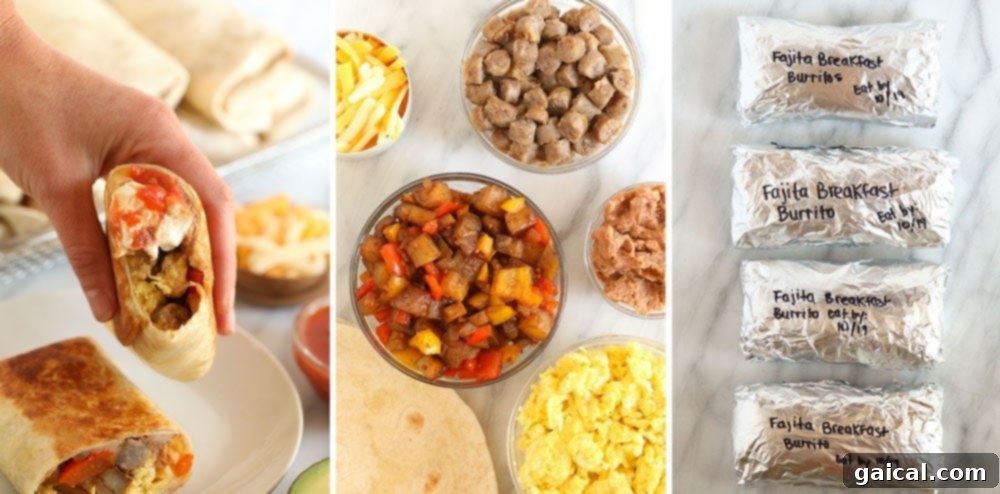 Freezer Fajita Breakfast Burritos: Savory, filling, and perfect for make-ahead meals. Individually wrapped fajita breakfast burritos, prepared for freezing and future meals.