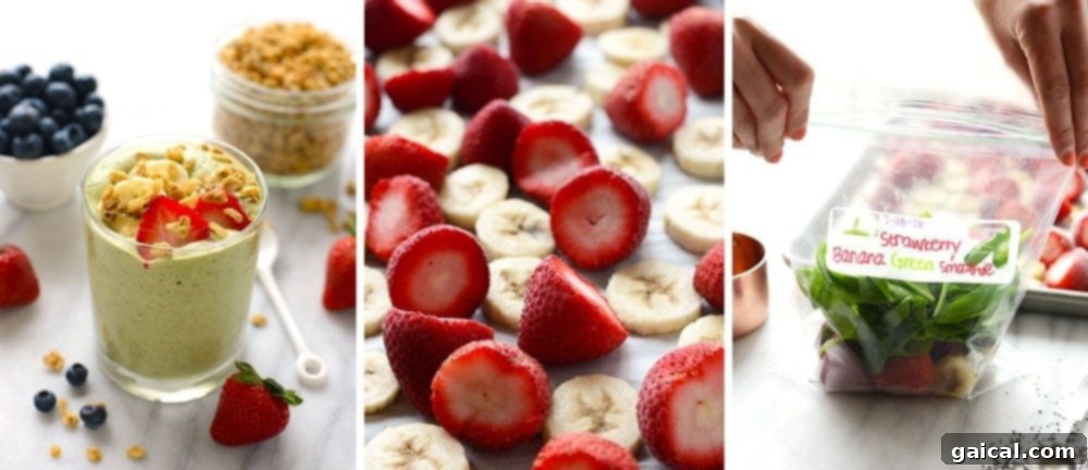 Freezer smoothie bags: Strawberry, banana, spinach for quick and healthy make-ahead breakfasts. Meal prep smoothie ingredients (strawberries, banana, spinach) in a freezer bag, ready for blending.