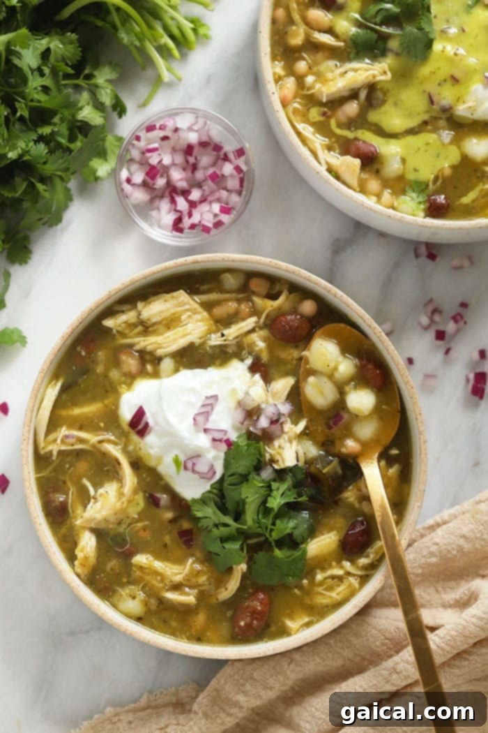 Wholesome Chicken Green Chili Bowl A steaming bowl of healthy chicken green chili, garnished with fresh cilantro and a dollop of sour cream.