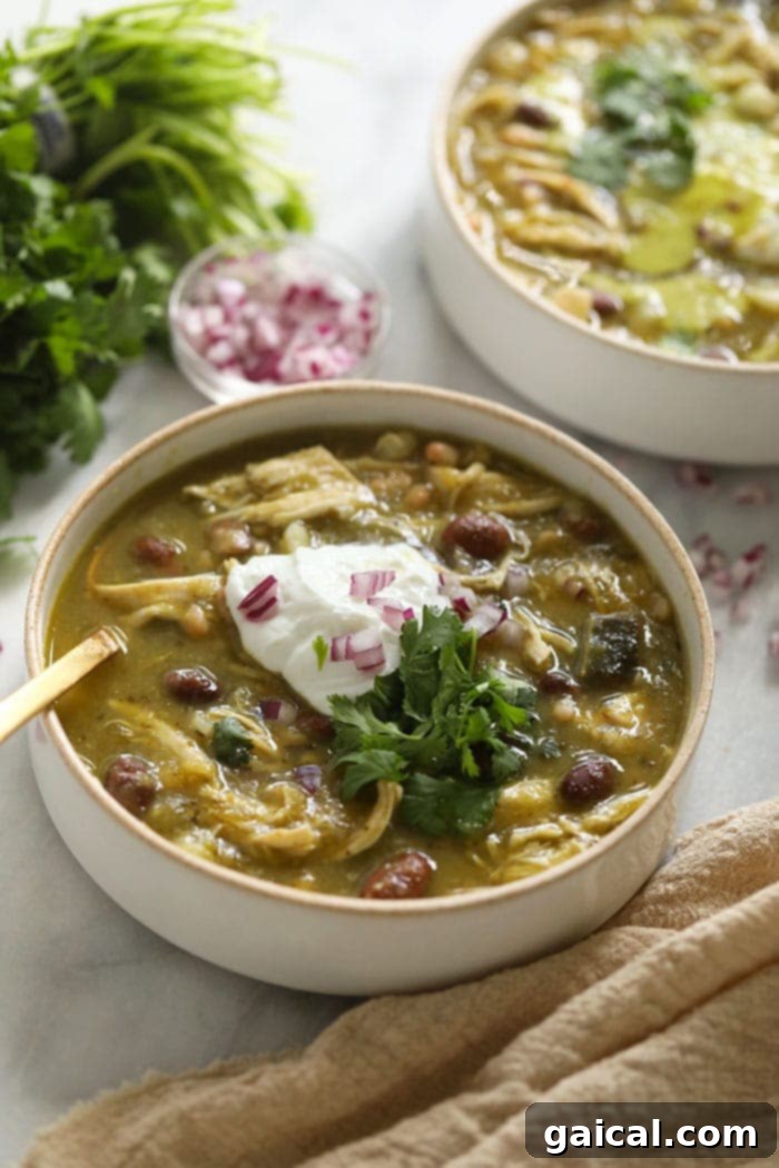 Green Chili with Toppings A close-up of a bowl of green chili with a swirl of Greek yogurt, fresh cilantro, and a lime wedge.