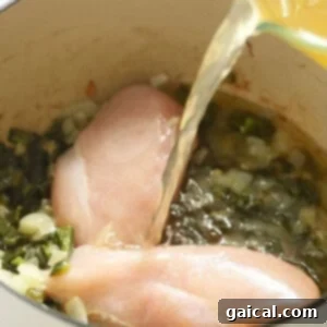 Chicken breasts being carefully placed into a pan with roasted green chili vegetables and broth.
