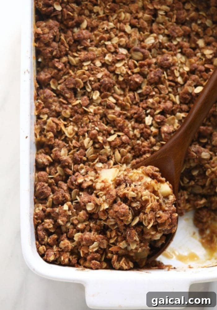 This delicious apple crisp is made with all of your favorite fall ingredients and is ready in under an hour! Grab your favorite apple and make this easy apple crisp for the family. Golden brown apple crisp in a rustic baking dish, ready to be served, showcasing its delicious crumble topping and bubbly apple filling.