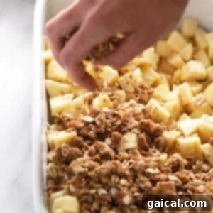 A person assembling an Apple crisp recipe, sprinkling the crumble topping over sliced apples in a baking dish.