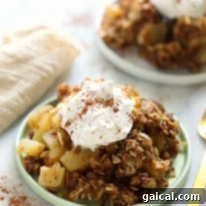 A close-up of a warm apple crisp recipe, served fresh from the oven, showcasing its golden, crunchy topping and soft, spiced apple filling.
