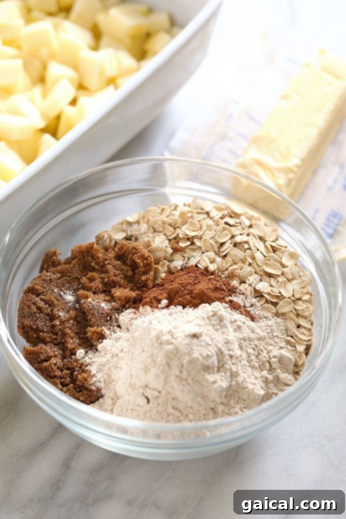 This delicious apple crisp recipe is made with a simple apple filling and a delicious crumble topping. Make this healthier, fall-inspired dessert today! Close-up shot of a bowl filled with raw apple crisp topping ingredients, featuring rolled oats, flour, and brown sugar mixed with chunks of butter, ready to be crumbled.