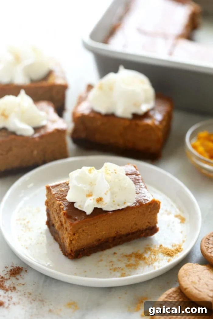 A delectable pumpkin cheesecake bar, elegantly topped with whipped cream and a sprinkle of spices, resting on a white plate, ready to be enjoyed.