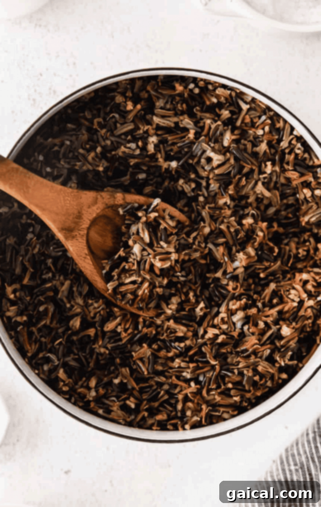 Perfect Wild Rice: Simple Steps for Delicious Results 2 A bowl of cooked wild rice, showcasing its rich, dark color and unique texture, ready to be incorporated into various dishes.