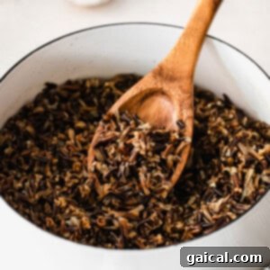 Cooked wild rice in a stock pot, ready for serving or meal prep.