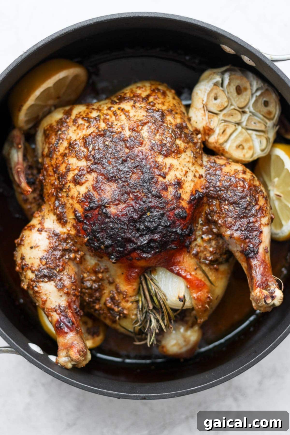 A perfectly roasted whole chicken, golden brown and glistening, nestled in a pan with roasted garlic cloves and lemon slices.