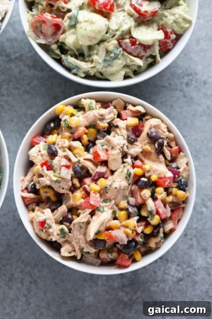 A wholesome and delicious Southwest Chicken Salad, perfect for a fulfilling meal. A vibrant bowl of Southwest Chicken Salad, packed with colorful vegetables and creamy dressing, ready to be enjoyed.