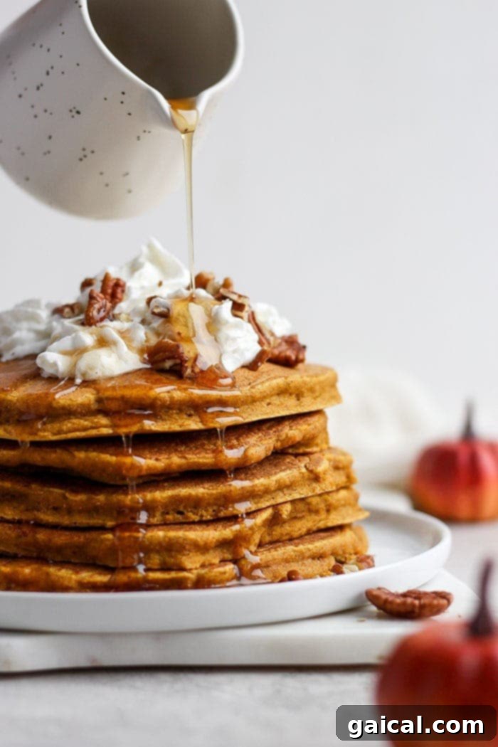 Dreamy Pumpkin Pancakes 2 A perfectly stacked pile of fluffy pumpkin pancakes, ready to be drizzled with maple syrup.