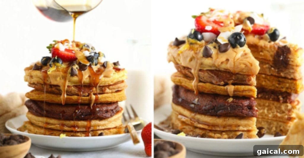 Dreamy Pumpkin Pancakes 3 Warm maple syrup being poured over a stack of golden brown pancakes.
