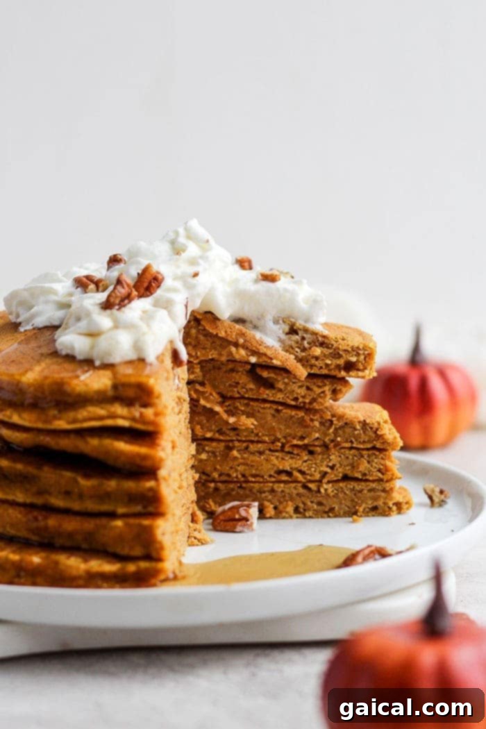 Dreamy Pumpkin Pancakes 6 A stack of golden pumpkin pancakes elegantly presented on a plate, ready for a delicious breakfast.