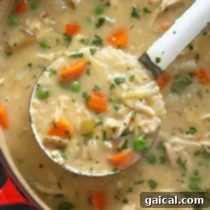 Silky Chicken Orzo Bliss 5 A creamy spoonful of chicken orzo soup with carrots and peas, perfectly warm and inviting.