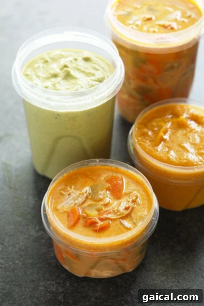 Master the art of freezing soup for convenient meals. Assortment of soups in various freezer-safe containers, ready for storage.