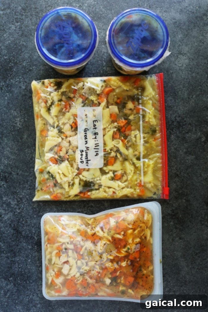 Protecting soup from freezer burn with plastic wrap. Close-up of frozen soup in a container with plastic wrap on top, preventing freezer burn.