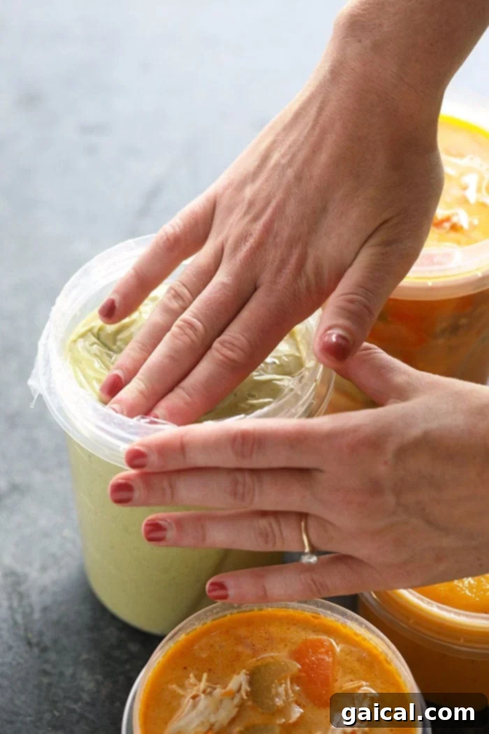 An essential step for soup preservation. Placing plastic wrap on top of soup container to prevent freezer burn
