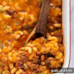 Close up of chili mac ready to serve.
