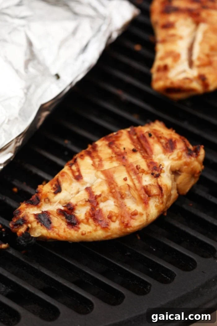 A chicken breast grilling on a hot barbecue, showing appealing grill marks.