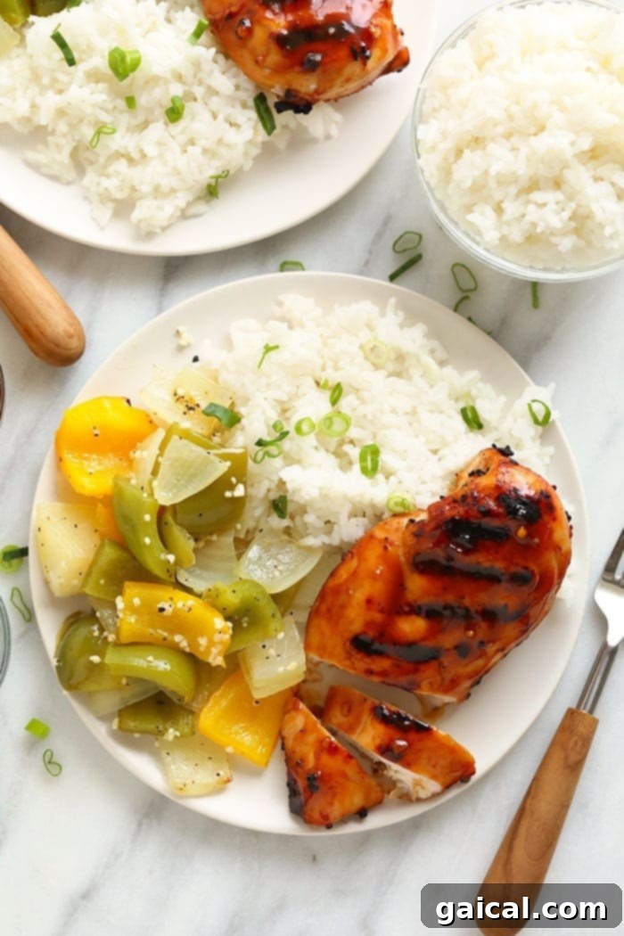 Grilled chicken breast served on a plate with white rice and vibrant grilled vegetables, drizzled with teriyaki sauce.