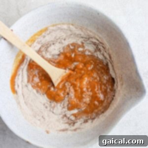 Wholesome Pumpkin Loaf 4 Mixing wet and dry ingredients together for healthy pumpkin bread batter.